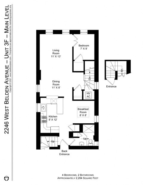 Floor plan for 3 beds, 2 baths, 1100 sqft